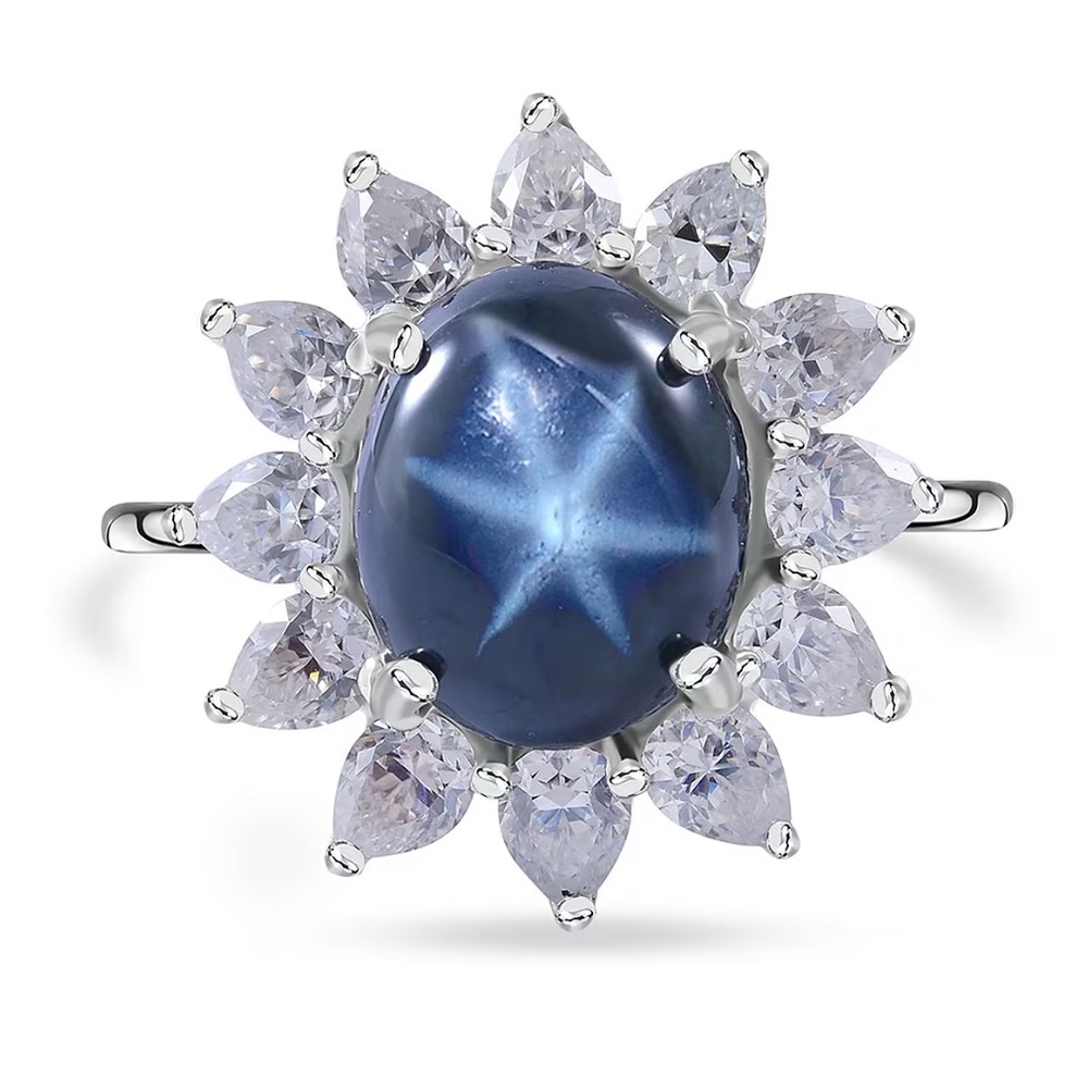 💥RARE💥 Indian Blue Star Sapphire & Moissanite 6.80ctw Starburst Ring